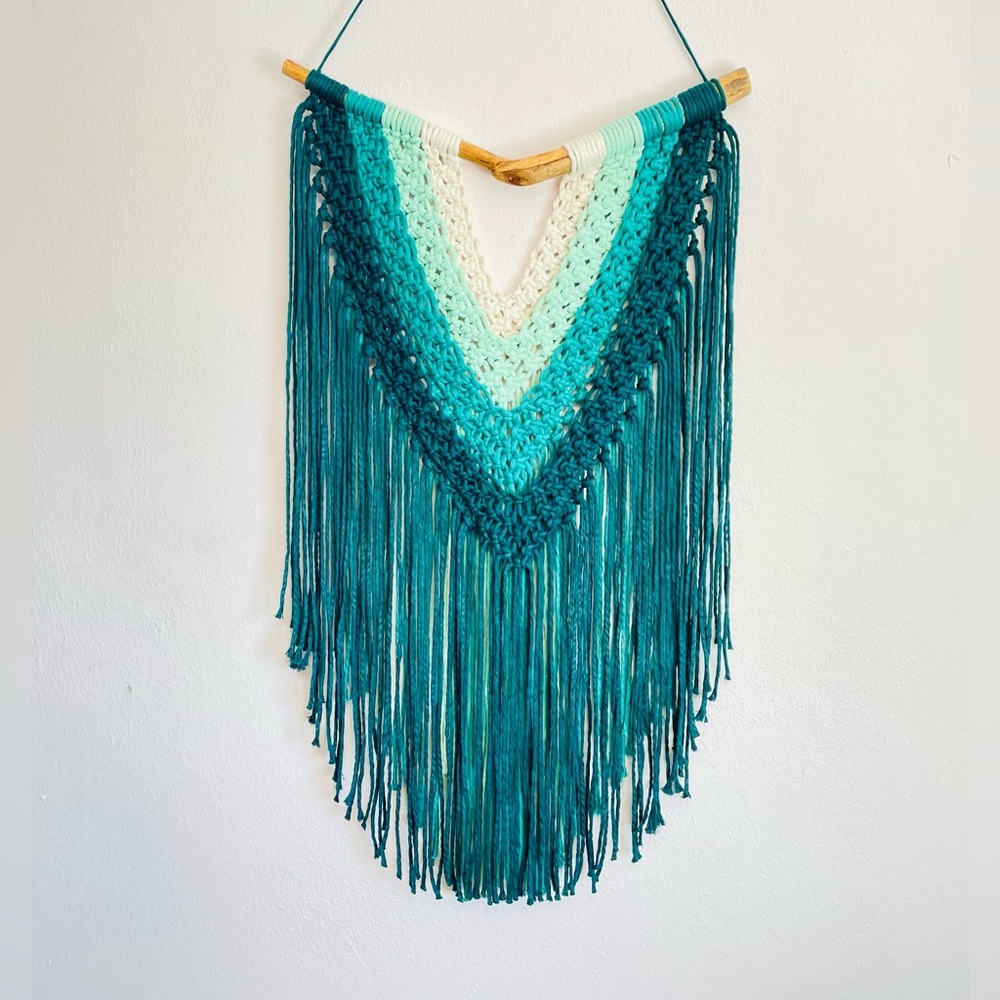 Teal & Cream Crochet Ombre Macramé Wall Tapestry